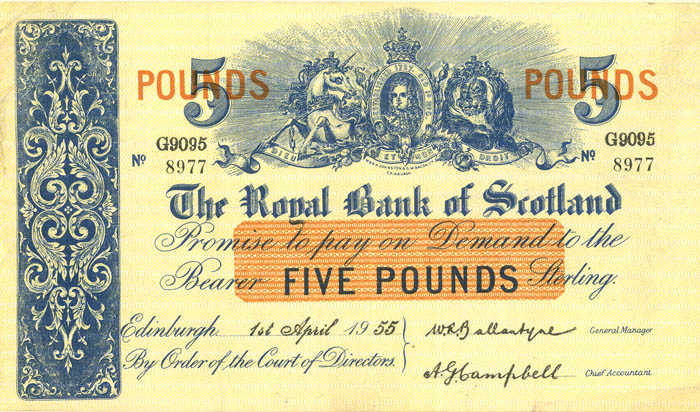 Scotland - 5 Pounds - P-323c - 1955 dated Foreign Paper Money